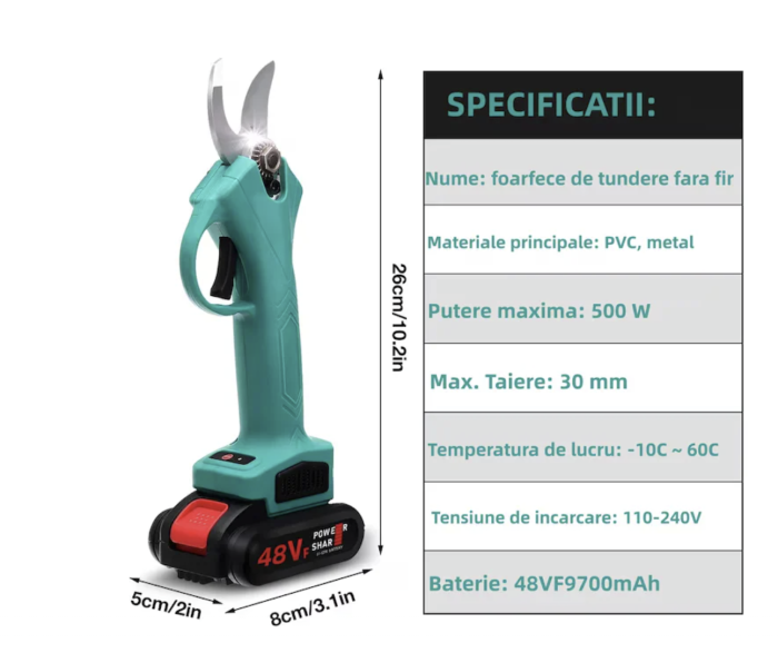 Foarfecă de Tundere Reîncărcabilă Fără Fir 48V, Oțel – Pentru Livezi, Grădini și Vii [5]