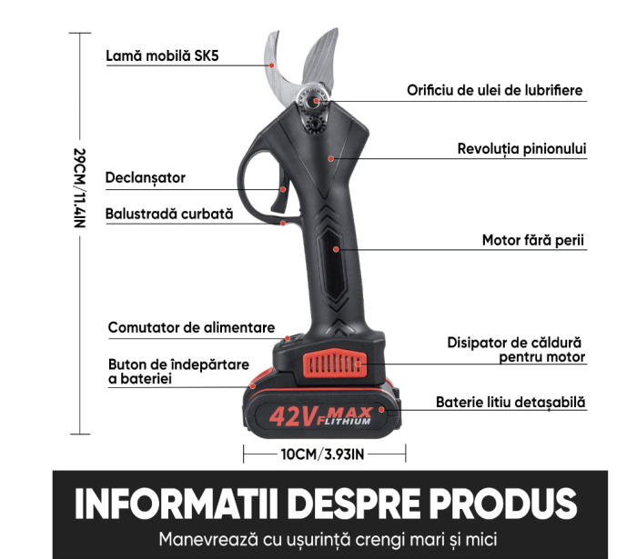 Foarfeca Electrica Profesionala 21V, 2 Acumulatori Inclusi, Taiere 30mm, pentru Pomi, Vie si Gradina, Negru [6]