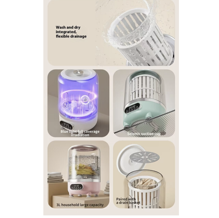 Mașină de spălat portabilă 3 în 1, capacitate 3L, coș centrifugare inclus, 3 moduri spălare, Roz [8]