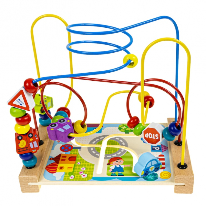 Montessori Labirint de jucarii motorii cu bile, masini si indicatoare rutiere [6]