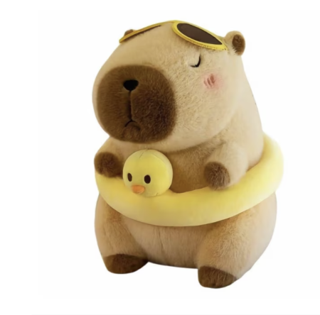 JUCĂRII DE PLUȘ - Capibara din Plus cu Colac de Plaja Si Ochelari, Pufos, Maro, 40 cm