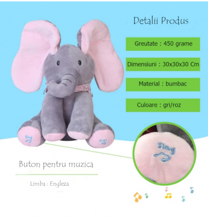 Elefant Cici Cucu Bau , Jucarie Interactiva, Vorbeste Si Canta, Albastru/Gri [2]