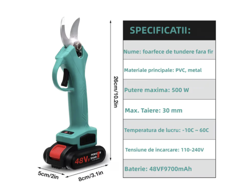 Foarfecă de Tundere Reîncărcabilă Fără Fir 48V, Oțel – Pentru Livezi, Grădini și Vii [4]