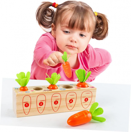 Joc Plantam Morcovi pentru dezvoltarea abilitatilor copiilor, cu 5 morcovi din lemn, diferite marimi, design realist JUCĂRII EDUCATIVE - Joc Plantam Morcovi pentru dezvoltarea abilitatilor copiilor, cu 5 morcovi din lemn, diferite marimi, design realist