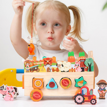 Jucarie Educativa din Lemn cu Functii Multiple - Carucior Sortator si Pescuit Magnetic [3]
