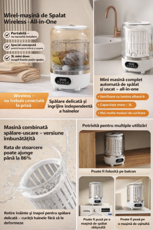 CASA & GRADINA & BRICOLAJ - Mașină de spălat portabilă 3 în 1, capacitate 3L, coș centrifugare inclus, 3 moduri spălare, Roz