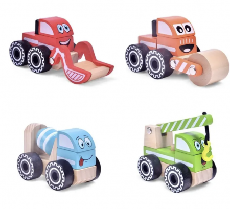 JUCĂRII EDUCATIVE - Set masinute utilitare din lemn, betoniera, compactor, excavator, macara.
