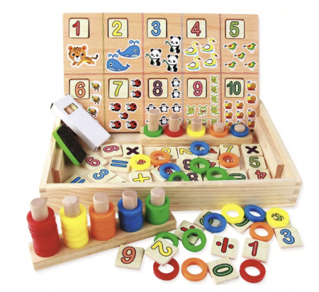 JUCĂRII EDUCATIVE - Tabla educativa Montessori din lemn cu fata dubla, calculeaza, deseneaza si asociaza cercurile, 3 ani+