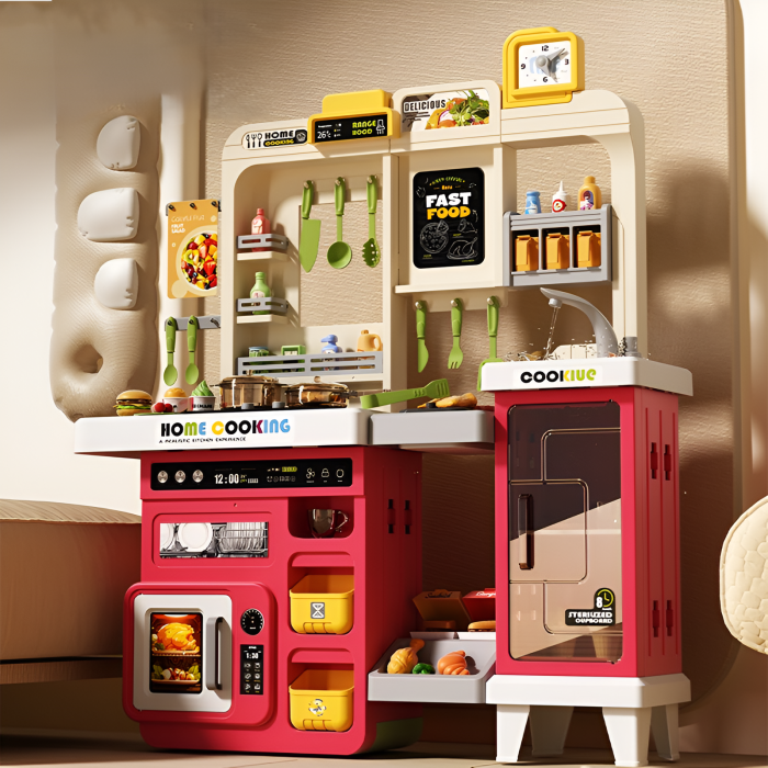 Bucătărie de jucărie pentru copii cu apă, cuptor și frigider – Set mare Home Cooking, 100 cm, accesorii incluse [2]
