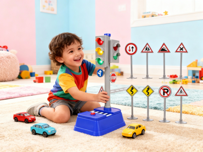 Semafor interactiv pentru copii cu sunete și lumini + 10 semne de circulație – Set educativ City Traffic [1]