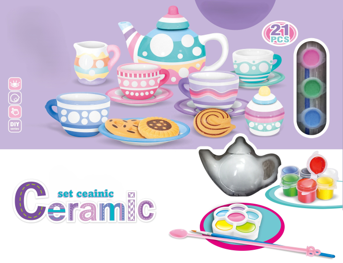 Set creativ de pictat ceainic și cești din ceramică – 21 piese, culori și pensulă incluse, jucărie DIY educativă pentru copii, dezvoltă imaginația și creativitatea, 3+ ani [2]