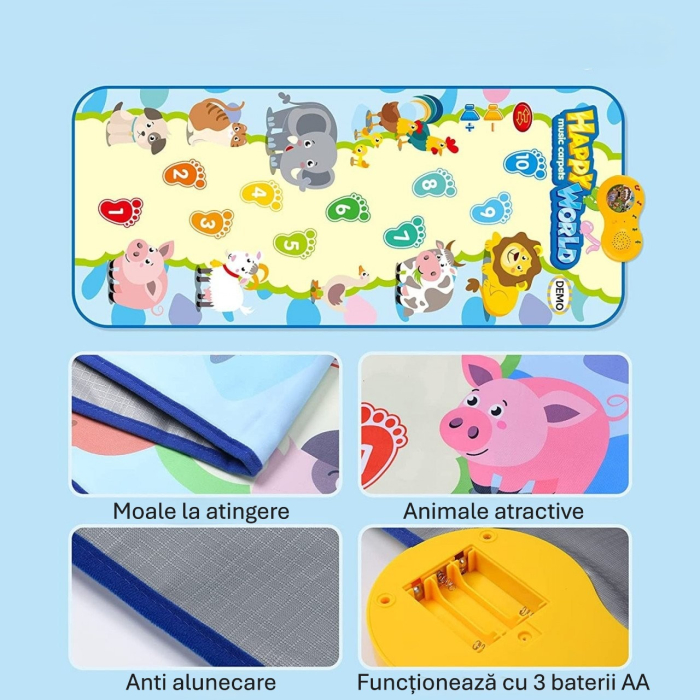 Covoraș Muzical Interactiv pentru Copii – Cu 9 Animale, 10 Pași și 9 Cântecele, Sunete Educative, Antialunecare, 158x70 cm, Happy World [2]