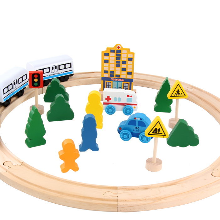 Set Trenuleț din Lemn 26 Piese – Șină Rotundă, Tren High-Speed, Mașinuțe, Semne Rutiere & Figurine – Montessori Transport [2]