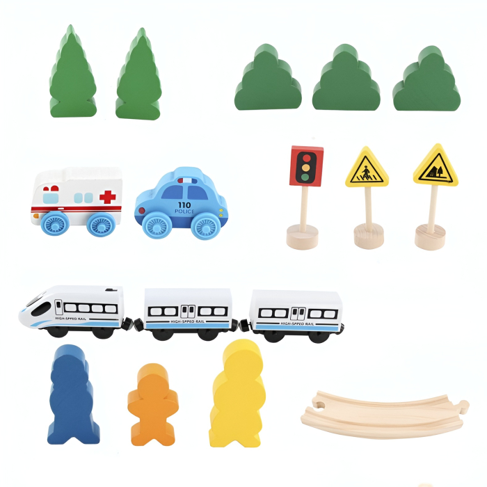 Set Trenuleț din Lemn 26 Piese – Șină Rotundă, Tren High-Speed, Mașinuțe, Semne Rutiere & Figurine – Montessori Transport [6]