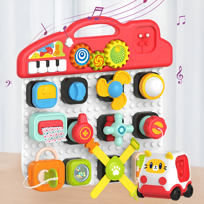 Busy Board Interactiv 18+ luni cu Lumini, Sunete și 15 Activități – Panou Montessori + Mașinuță Inclusă [1]