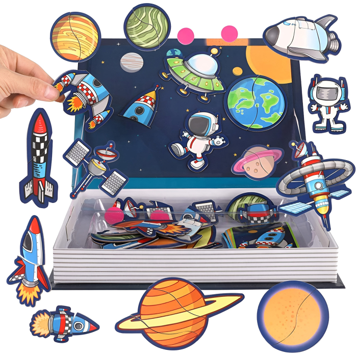 Carte Magnetică Educațională pentru Copii – Magneti Book Spațiu Cosmic | Joc Montessori cu 38 Magneți, Astronauți, Planete și Rachete [1]