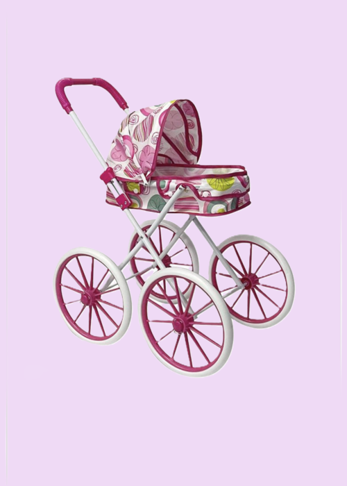 Cărucior Păpuși Tip Landou, Pliabil, cu Cadru Metalic & Copertină – 63 cm, 4 Roți Mari – Disponibil Albastru/Roz [2]