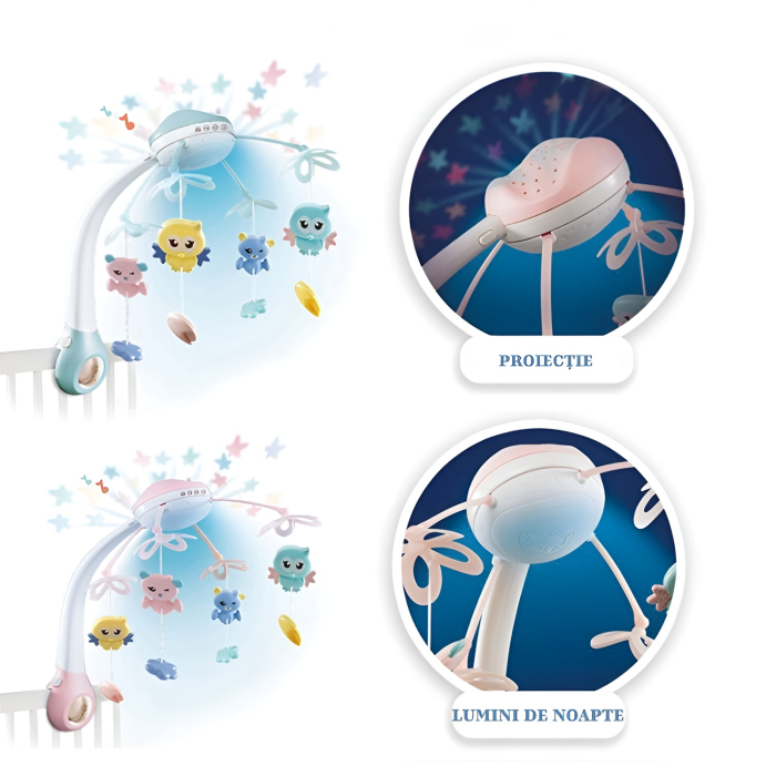 Carusel Muzical Pătuț cu Proiecție și Bluetooth – 2 Culori (Roz/Albastru), Lumini de Noapte, Telecomandă [4]