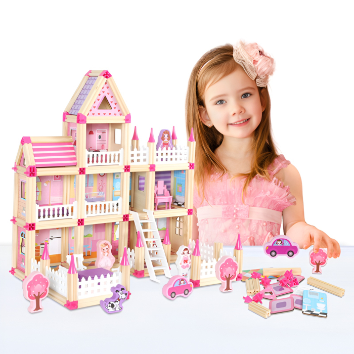 Casă de Prințesă 298 Piese – Set Construcție Mare din Lemn și Carton, Păpuși + Accesorii, Castel DIY 36+ [3]