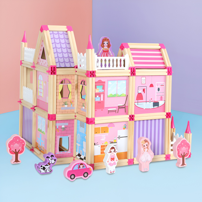 Casă de Prințesă 298 Piese – Set Construcție Mare din Lemn și Carton, Păpuși + Accesorii, Castel DIY 36+ [2]