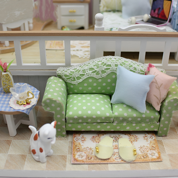 Casă în Miniatură DIY cu Mobilier și Lumină LED – Set Creativ pentru Construire, Model Living Romantic [6]