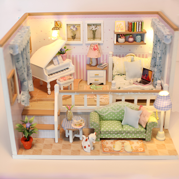 Casă în Miniatură DIY cu Mobilier și Lumină LED – Set Creativ pentru Construire, Model Living Romantic [3]