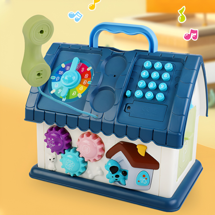 Căsuță Interactivă cu Volan, Sunete și Jucării – 2 Culori (Roz / Albastru) | Centru de Activități și Garaj cu Mașinuțe, Telefon, Rotițe, 25.5 cm [2]