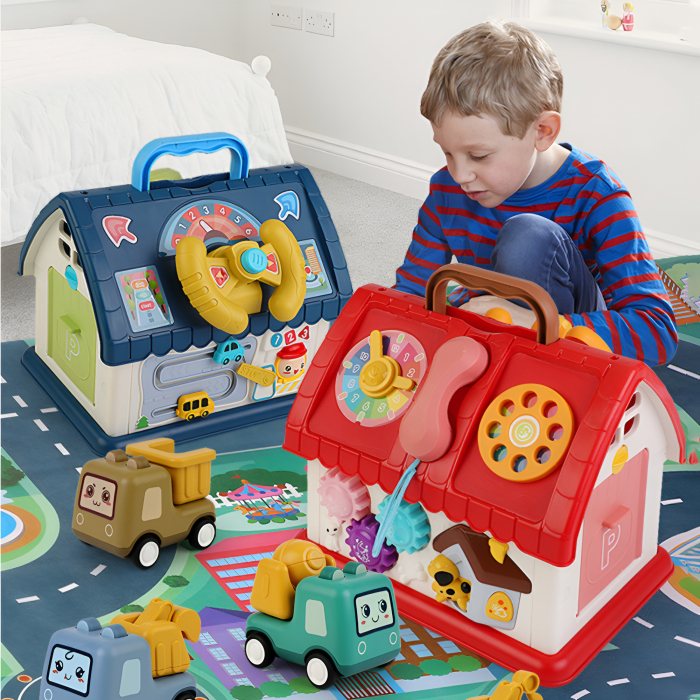 Căsuță Interactivă cu Volan, Sunete și Jucării – 2 Culori (Roz / Albastru) | Centru de Activități și Garaj cu Mașinuțe, Telefon, Rotițe, 25.5 cm [4]