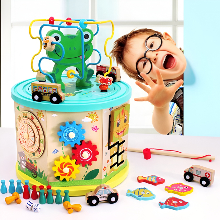 Centru de Activități Montessori 8-în-1 din Lemn – Labirint cu Bile, Puzzle, Pescuit Magnetic, Ceas, Rotițe, Mașinuțe și Jocuri Educaționale | 31 cm [2]