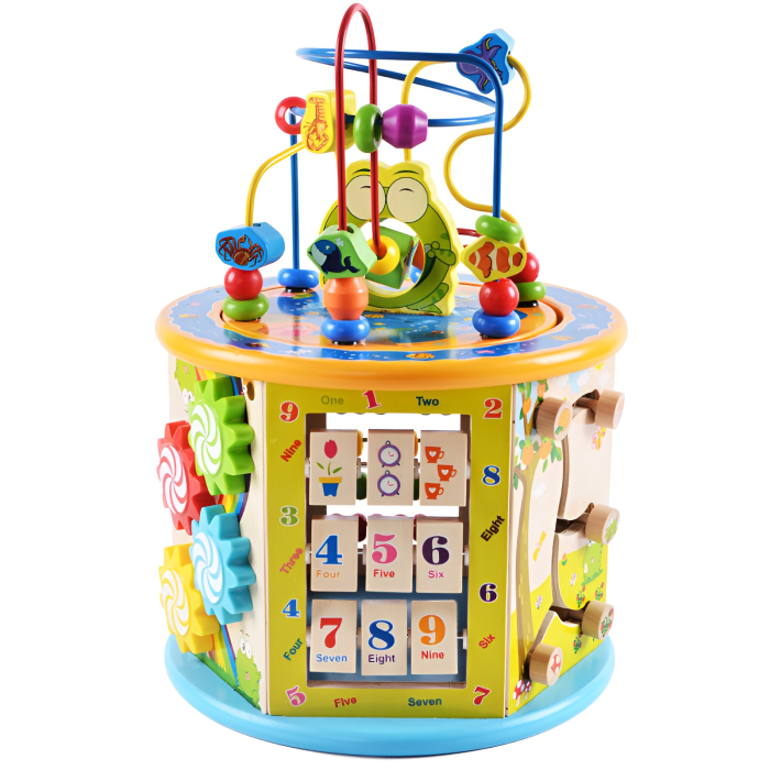 Cub educativ din lemn 6-în-1 cu labirint, ceas, abac și jocuri logice – jucărie Montessori pentru copii 1–3 ani [2]