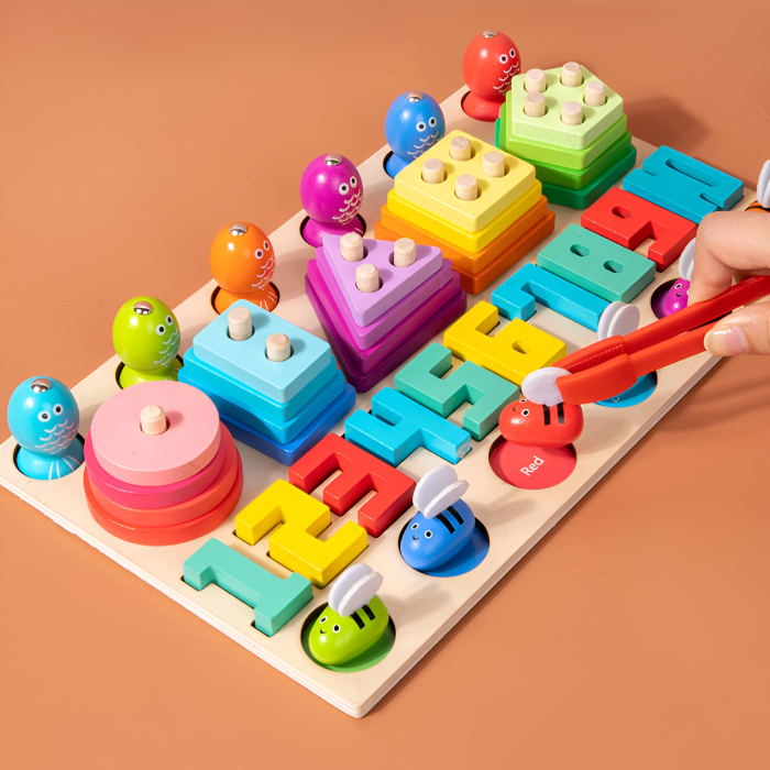 Joc Educativ Montessori 4-în-1 din Lemn – Sortare Culori, Forme, Numere și Albine Magnetice, 3+ [2]