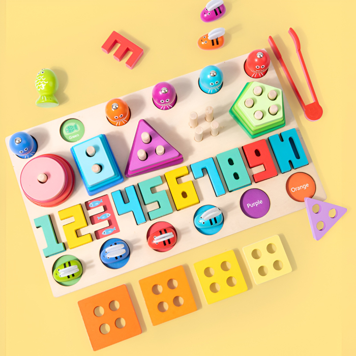 Joc Educativ Montessori 4-în-1 din Lemn – Sortare Culori, Forme, Numere și Albine Magnetice, 3+ [1]