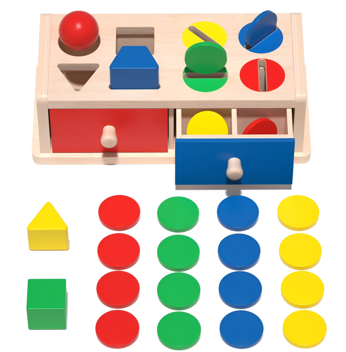 Jucărie Educativă din Lemn cu Sertare, Sortator Forme Geometrice și Culori, Montessori, Copii 2+ Ani [2]