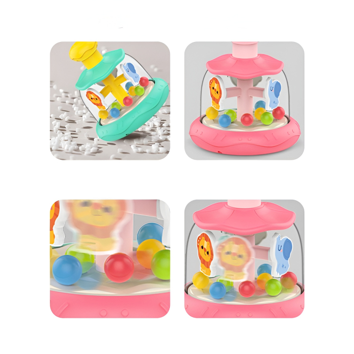Jucărie Interactivă Bebeluși Push & Spin – Carousel cu Animăluțe și Bile Colorate, Roz/Verde [6]