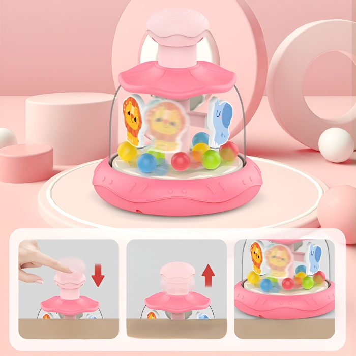 Jucărie Interactivă Bebeluși Push & Spin – Carousel cu Animăluțe și Bile Colorate, Roz/Verde [3]