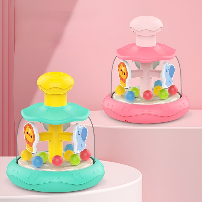 Jucărie Interactivă Bebeluși Push & Spin – Carousel cu Animăluțe și Bile Colorate, Roz/Verde [1]
