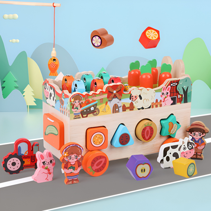 Jucărie Montessori Ferma Inteligentă din Lemn – Sortare Forme, Pescuit Magnetic, Legume, Animăluțe și Activități 6-în-1 [1]