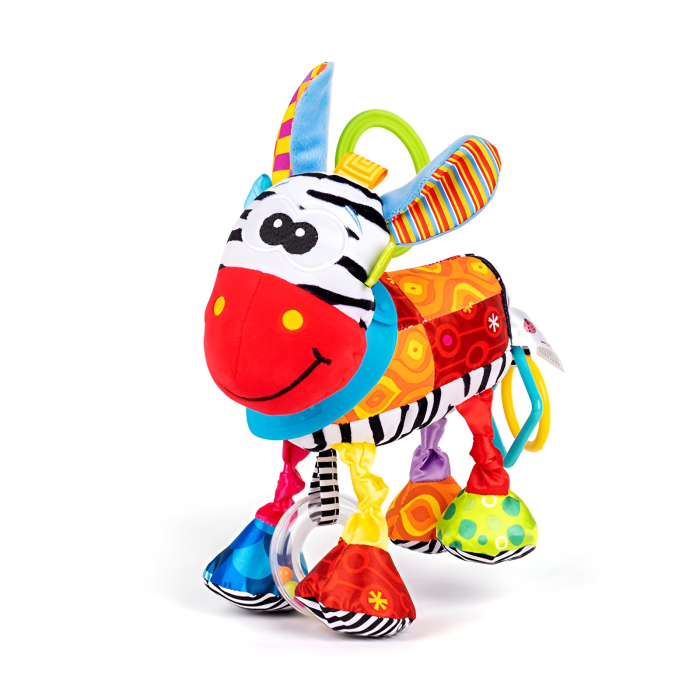 Jucărie senzorială pentru bebeluși tip zebră – Pluș colorat cu texturi, sunete și inele de dentiție [1]