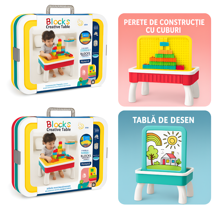 Masă Multifuncțională de Joacă pentru Copii 3 în 1 – Cu Cuburi de Construcție, Tablă de Desen și Spațiu de Depozitare, Tip Valiză Portabilă [5]