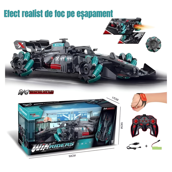 Mașinuță cu telecomandă și control prin gesturi, efect realist de foc pe eșapament, lumini LED ambientale, 4x4 Drift 360°, 2.4GHz, baterie reîncărcabilă, scara 1:16 [1]
