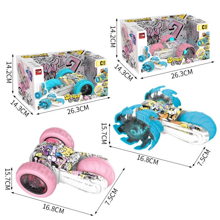Mașinuță RC Stunt Graffiti 360° – Iluminare LED, 2.4GHz, Roti XXL, 16.8 cm – Roz/Albastru [4]
