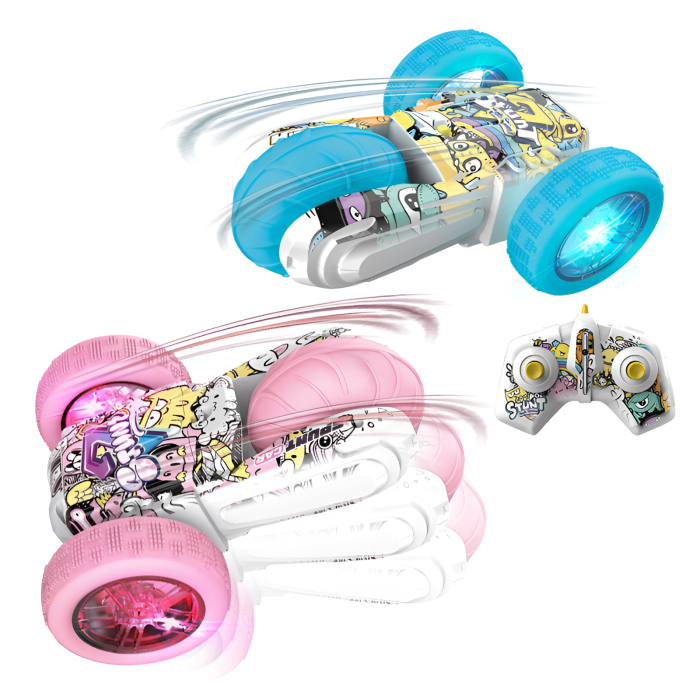Mașinuță RC Stunt Graffiti 360° – Iluminare LED, 2.4GHz, Roti XXL, 16.8 cm – Roz/Albastru [1]