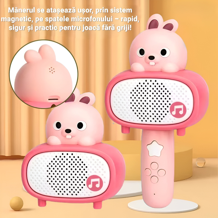 Microfon Muzical Interactiv pentru Copii – Iepuraș Roz, cu Lumină, Sunet, Fixare Magnetică și Slot pentru Card, Jucărie Educativă 3+ Ani [2]