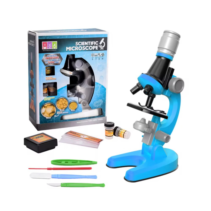 Microscop educativ pentru copii, set complet cu accesorii, mărire 100x-400x-1200x, iluminare LED, jucărie STEM științifică [1]