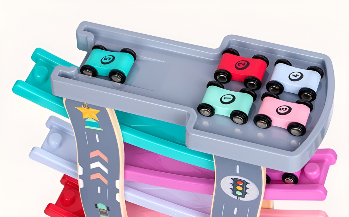 Pistă auto din lemn cu rampă și mașinuțe, jucărie educativă tip cursă pentru copii 2–5 ani [4]