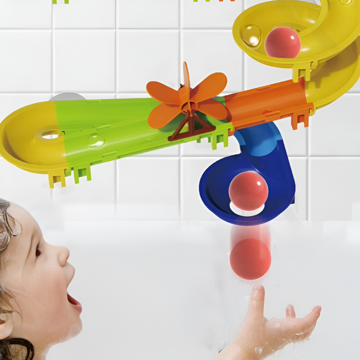 Pistă de Apă pentru Baie Copii – Jucărie Interactivă cu Bile și Morisca, Set Modular, Montare cu Ventuze, 3+ ani [5]