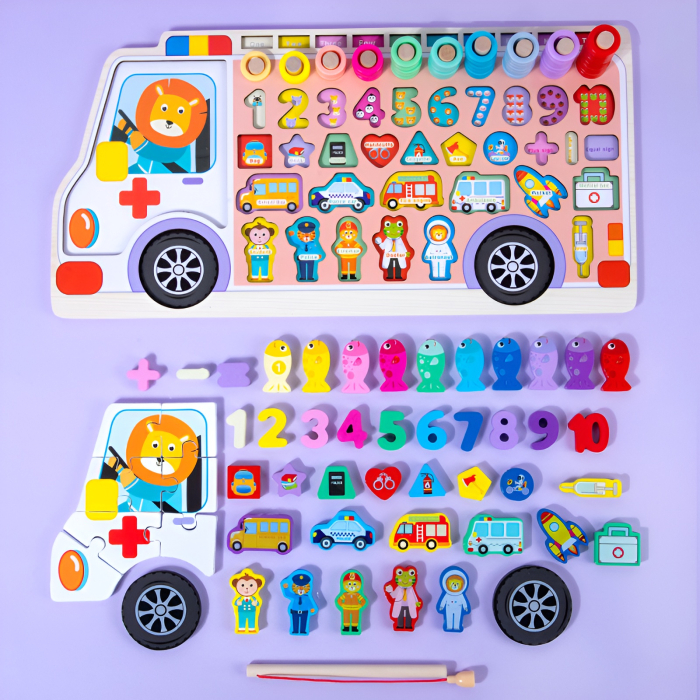 Puzzle Educațional din Lemn Ambulanță – Montessori 7-în-1 cu Numere, Pescuit Magnetic, Profesii, Vehicule & Sortare | Jucărie Educativă 3+ [1]