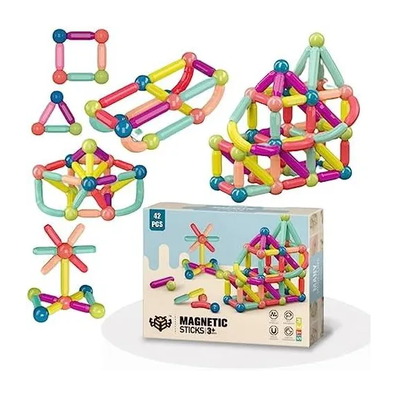Set 42 Piese Magnetic Bar Blocks - Jucarie STEM Educationala Pentru Copii 3+ Ani, Constructii Magnetice Colorate, Dezvoltare Creativitate si Coordonare [1]