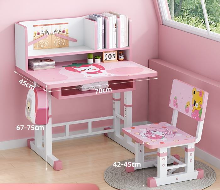 Set Birou și Scaun pentru Copii – Reglabil, cu Rafturi, Suport Cărți și Design Ursuleț Roz – Ideal pentru Studiu și Joacă [2]