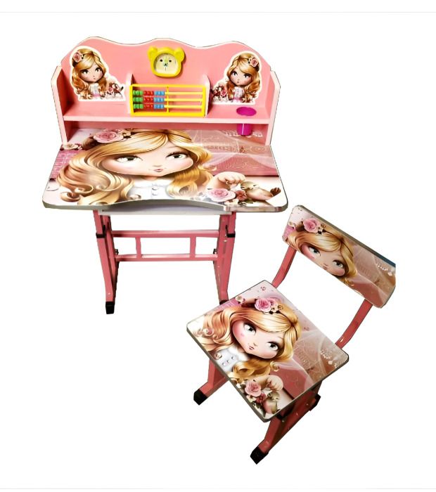 Set Birou și Scăunel pentru Copii – Model Prințesă, Reglabil, cu Raft și Abac – Ideal pentru Joacă și Studiu [1]